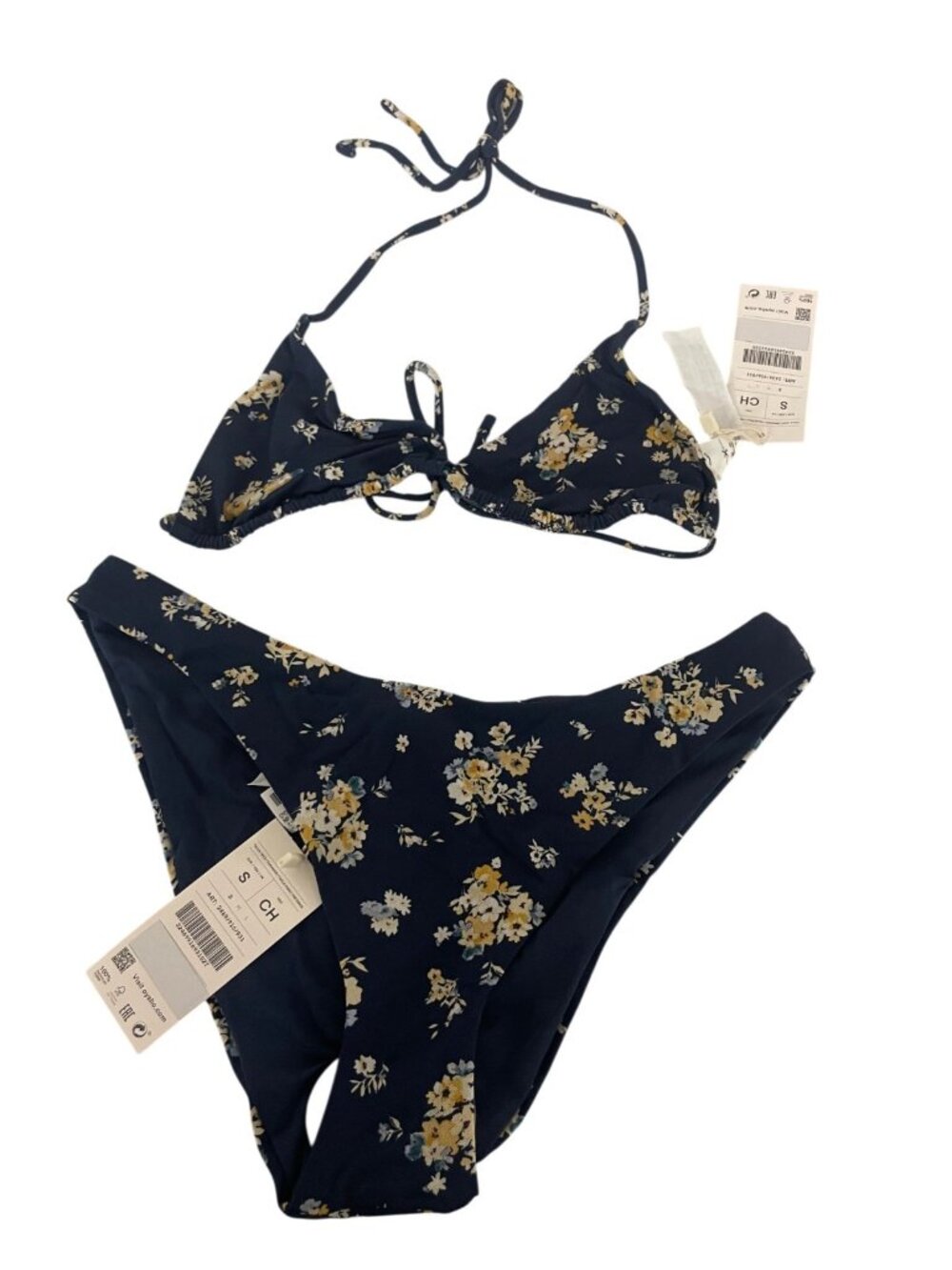 Oysho Womens Bikini Swimsuit Small Blue Floral 2 Piece High Leg 2469/916 NWT
